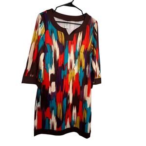 Boho Abstract Print Tunic Dress Stretch Notch Neck Colorful Small